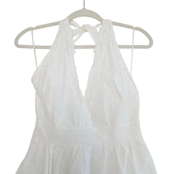 Zara White Cotton Eyelet Embroidered V-Neck Mini Halter Dress Lined Size Large - Picture 10 of 13